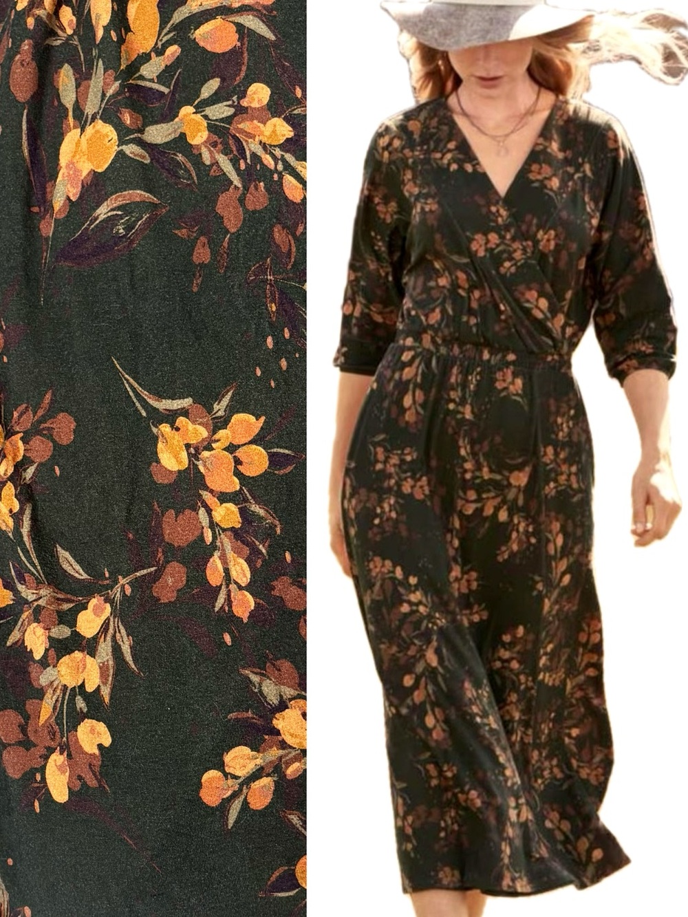 Garnet Hill Floral Batwing Wrap Midi Dress Size Large Tencel Knit Cottagecore